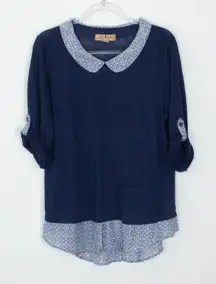 Twig & Perch Blue Linen Peter Pan Collar Sweater Top Womens XL Roll Tab Sleeve