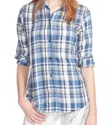 NEW Current / Elliot 100% Linen Picnic Plaid Slim Boy Shirt Blue Summer Vacation
