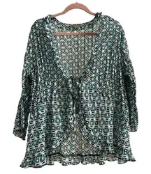 Peasant Babydoll Blouse Y2K Tie Front Geometric Pattern Size 1X