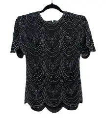 Adrianna Papell Boutique Evening Black 100% Silk All Over Beaded‎ Top Small