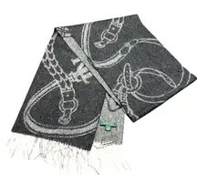 Lauren Ralph Lauren Wool Scarf Equestrian Belt Fringe Gray Patterned Womens