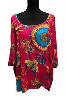 Women 3/4 Sleeves  High‎ Low Hem Loose Tunic Top - Pink Size XL