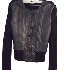 BCBG Mixed wool blend sweater faux leather short jacket womens Small S quilted