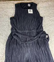 Anne Klein Black Pleated Wide Leg Jumpsuit Sleeveless Tie Waist Size 10