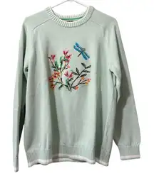Land’s End Women Size Large Embroidered‎ Dragonfly Sweater Crewneck Cotton Knit