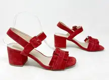 [E8 By Miista] Red Suede Leather Sandie Ruffle Strap Block Heel Sandals Size 5.5