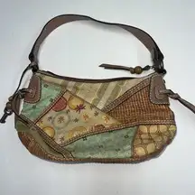 Fossil Patchwork Purse Hobo Shoulder Bag Canvas Straw Leather Beige Women Ladies