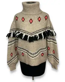 Lou & Grey for LOFT Turtleneck Sweater Aztec Fringe Trim Pullover‎ Knit Beige M
