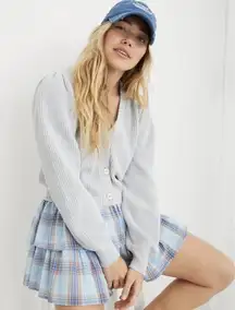 Aerie Puff Sleeve Cropped Cardigan Sweater in Gray 100% Cotton