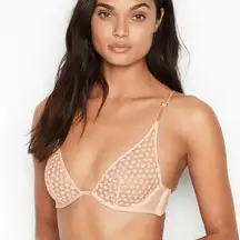 Victorias Secret LUXE Starburst Unlined Wired Plunge Bra Champagne Embroidered