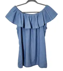 Faded Glory Blue Chambray Blouse with Ruffle Neckline Size XL 16-18