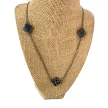 Silver Tone Long Chain Necklace Clover Leaf Stations Black Glass Reversible Adj