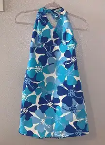 Reversible blue floral & striped halter summer dress