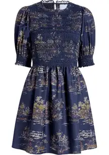 Hill House dress Vivi Print High Neck Puff Sleeve Navy Equestrian Toile smocked