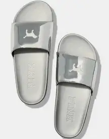 PINK‎ Victoria Secret Silver Single Padded Strap Slides With White Logo Dog