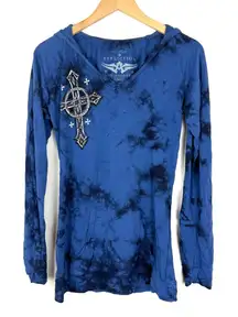 Affliction Women's Hoodie Pullover Virtue Biker Tattoo Blue Black