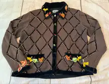 Berek Cardigan Fall Sweater Brown Beaded Medium  Thanksgiving Grannycore Vtg