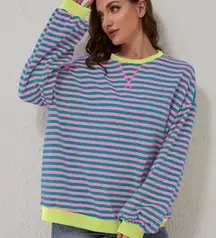 Women's Striped Knit Top Pink Green Long Sleeve Pullover Casual Top Medium