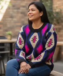 Lulumari Aztec Tribal Knit Sweater Pink Blue Cream One Size