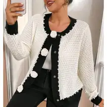SHEIN CURVE Plus 0X XL Cream Black Knit Cardigan Sweater Pearl Flower Buttons