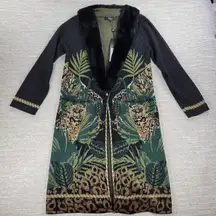 Badgley Mischka Leopard Jungle Wool Knit Sweater Small Coat Faux Fur Collar NWT