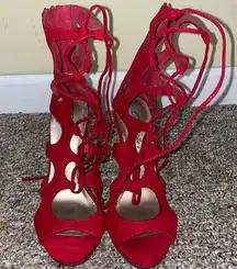 Womens Like New Breckelle Red Suede Galdiator Lace Up Stileto High Heels