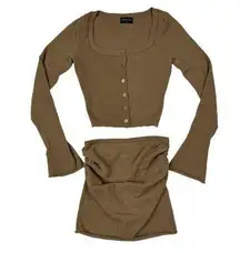 White Fox Boutique  - Going On Replay Long Sleeve Cardi & Mini Skirt in Mocha