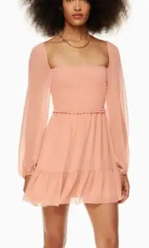 Wilfred x Aritzia Tempest Dress Chiffon Peach Long Sleeve Smocked Mini Size M