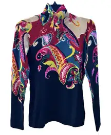 Red Floral Paisley Turtleneck Sweater M Artsy Boho Colorful Eclectic Abstract