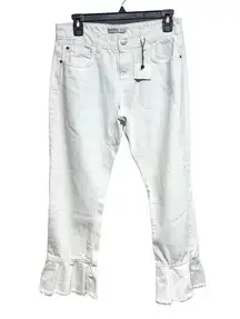Zara Basics Jeans Kick Crop Ruffle Flounce White Denim Frill Frayed Hems 4 NWT