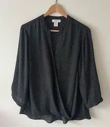 Rachel Zoe 1X Plus Size Womens Black Print Wrap Front Career Blouse Shirt Work