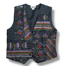 Vintage 90s Effeci Beaded Sequin Vest Tailored Suit Black Multicolor Boho Art