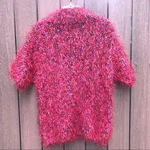 Handknit ruby red, multi-color pullover sweater