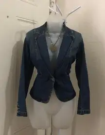 Y2K Dark Navy denim jean blazer jacket one button pockets long sleeve #preppy #grunge #goth dark academia #steampunk office siren core #2000s Size S-Measurement in pics