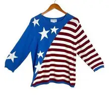 VTG Stars & Stripes Blue Colorblock 3/4 Sleeve Crewneck Pullover Knit Sweater