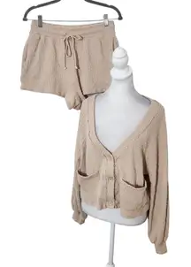LA Hearts Beige Textured Knit Cardigan and Shorts Matching Set Size Medium