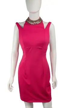 Hot Pink Mini Dress‎ with Statement Gold Chain Collar Party Cocktail Bodycon