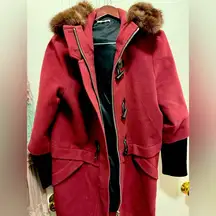 Rebecca Minkoff Scotch Wool Burgundy Red Fur Hooded Coat Size Medium
