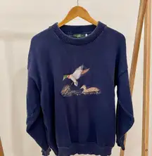 Vintage Duck Mallard Pond Embroidered Crewneck Sweater in Navy Blue