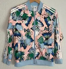 Adidas Her Floral Full Zip Track Jacket Blue Butterfly Athleisure Sporty Prep