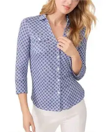 J. McLaughlin Blue & White Brynn Geometric Linen Button Down Shirt Size Medium