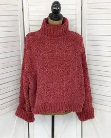 POL  Chenille Chunky Knit Turtleneck Crop Pullover Maroon Red Medium