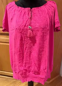 Macy's Style & Co. Floral Lace Tassle Tie Puff-Sleeve Peasant Top Pink Size XL