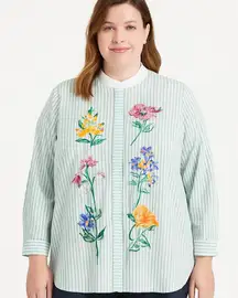 Bob Mackie Art Floral Embroidered Blouse Women’s Size 2X NWT Button Down Stripe