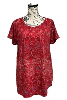 Lucky Brand Red Paisley Split Back Tunic Top 1X Boho Hippie Coastal Beach Preppy