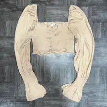 Tan Smocked Long Sleeve Crop Top Size Medium