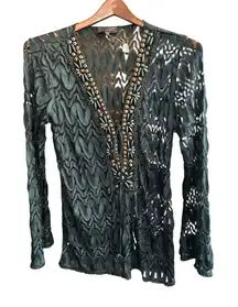 Hale‎ Bob Women's Black Lace V-Neck Beaded Long Sleeve Blouse S