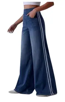 Halara Flex High Waisted Stripe Wide Leg Flowy Washed Casual Jeans L TALL NWOT