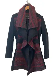 Members Only Belted Waterfall Coat Red Black Wool Blend Asymmetrical Medium GUC
