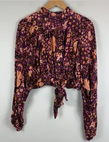 Rachel Zoe Top Women's Small Red Floral Pleated Tie Waist Puff‎ Sleeve Cropped